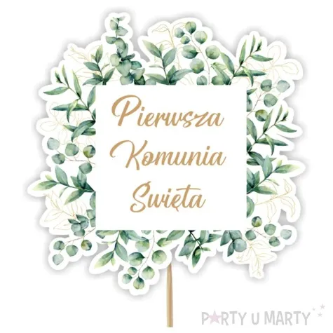 topper papierowy komunia kwadratowy eukaliptus 20 cm