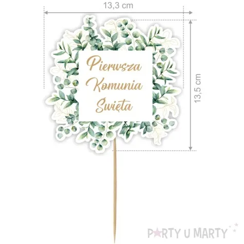 topper papierowy komunia kwadratowy eukaliptus 20 cm