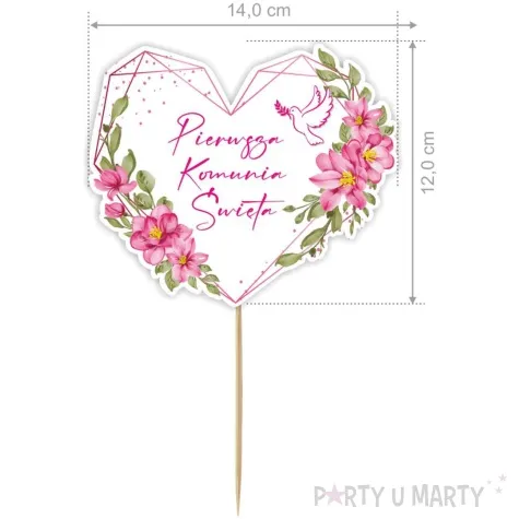 topper papierowy komunia rozowe serce 20 cm