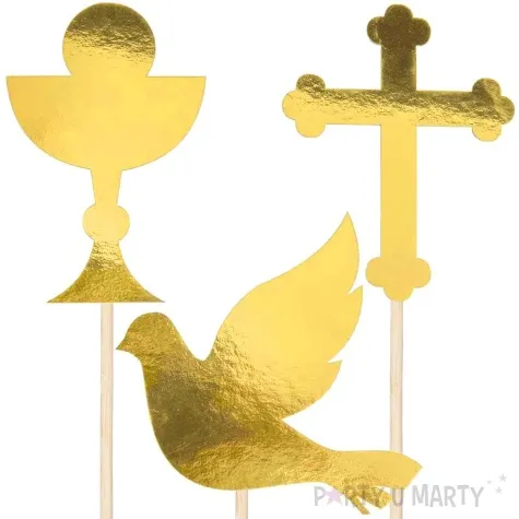 topper papierowy komunia swieta golabek krzyz i kielich zloty czakos 19 5 cm 3 szt