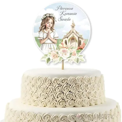 topper papierowy na tort dziewczynka i kosciol dekoracja na komunie swieta 20 x 10 cm