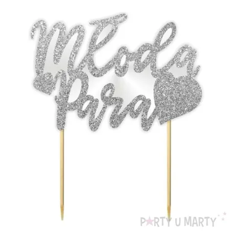 topper papierowy para mloda serce srebrny brokat 14 x 16 cm