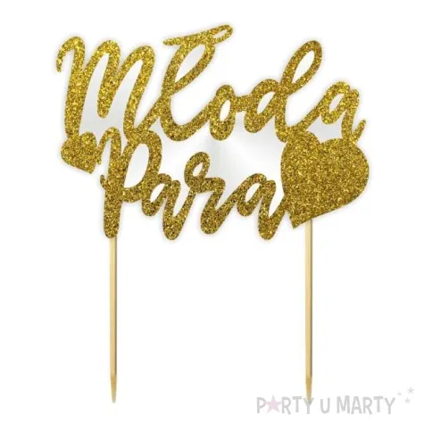 topper papierowy para mloda serce zloty brokat 14 x 16 cm