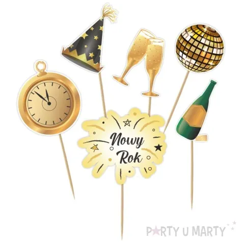 topper papierowy szampanski nowy rok zloto czarny 6 szt
