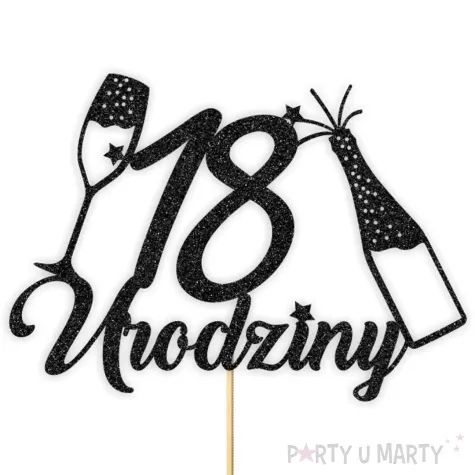 topper papierowy szampanskie 18 urodziny czarny brokat 15 x 19 cm