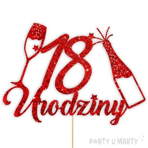 topper papierowy szampanskie 18 urodziny czerwony brokat 15 x 19 cm