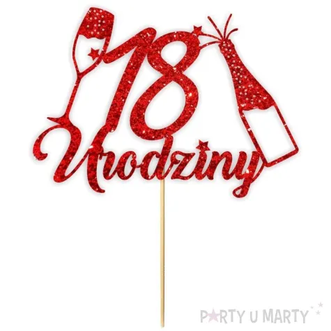 topper papierowy szampanskie 18 urodziny czerwony brokat 15 x 19 cm