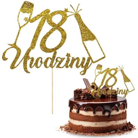 topper papierowy szampanskie 18 urodziny zloty brokat 15 x 19 cm