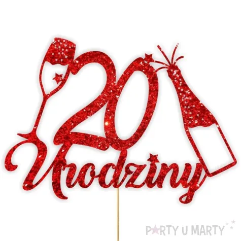 topper papierowy szampanskie 20 urodziny czerwony brokat 15 x 19 cm