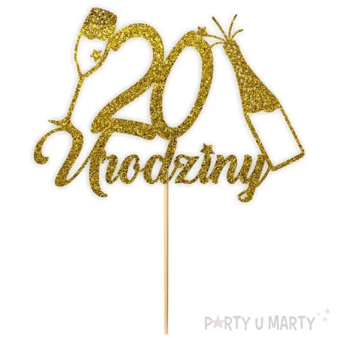 topper papierowy szampanskie 20 urodziny zloty brokat 15 x 19 cm