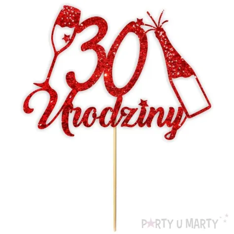 topper papierowy szampanskie 30 urodziny czerwony brokat 15 x 19 cm