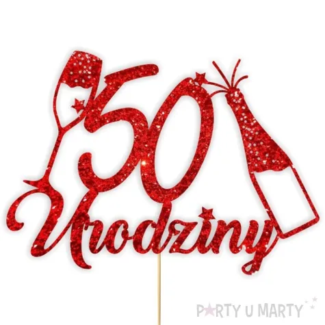topper papierowy szampanskie 50 urodziny czerwony brokat 15 x 19 cm