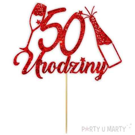 topper papierowy szampanskie 50 urodziny czerwony brokat 15 x 19 cm