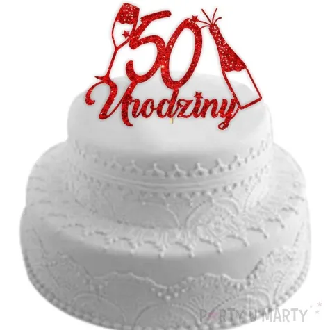 topper papierowy szampanskie 50 urodziny czerwony brokat 15 x 19 cm