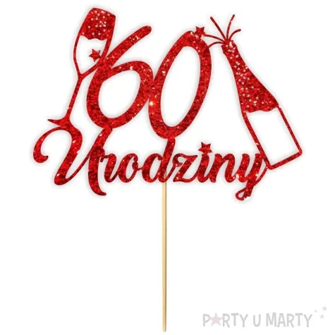 topper papierowy szampanskie 60 urodziny czerwony brokat 15 x 19 cm