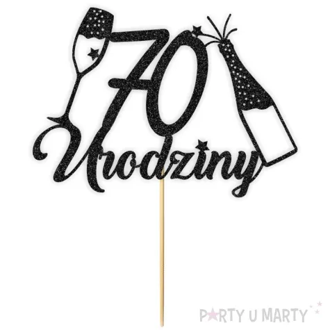 topper papierowy szampanskie 70 urodziny czarny brokat 15 x 19 cm