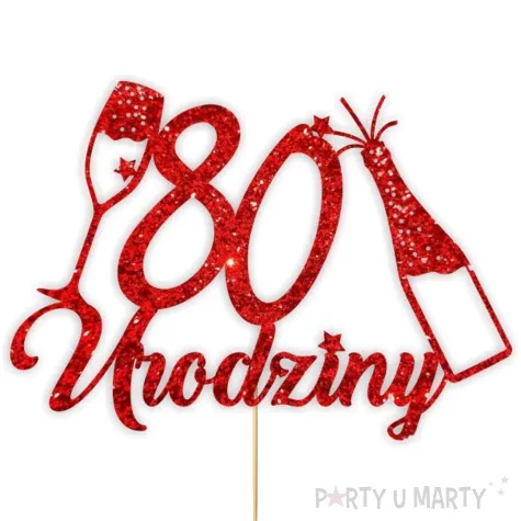topper papierowy szampanskie 80 urodziny czerwony brokat 15 x 19 cm
