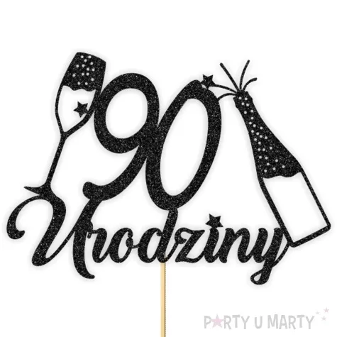 topper papierowy szampanskie 90 urodziny czarny brokat 15 x 19 cm