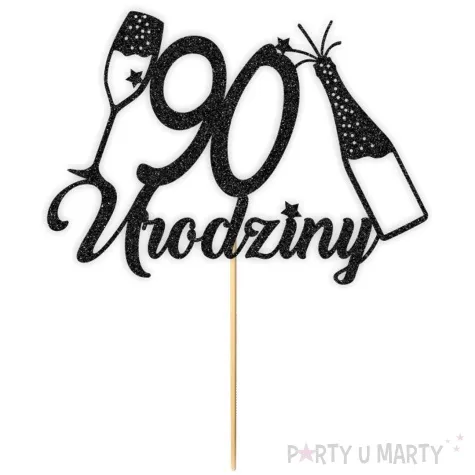topper papierowy szampanskie 90 urodziny czarny brokat 15 x 19 cm