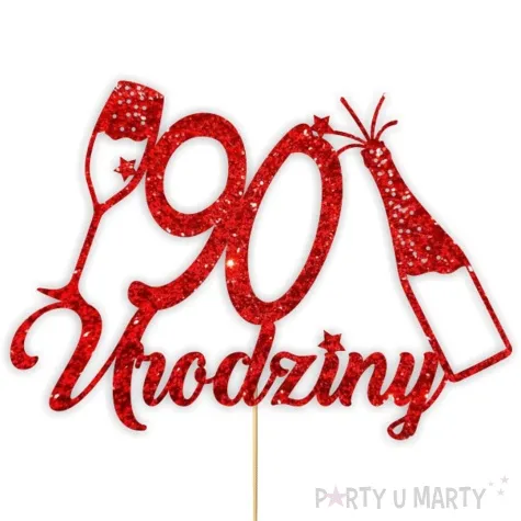 topper papierowy szampanskie 90 urodziny czerwony brokat 15 x 19 cm