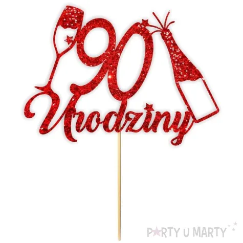 topper papierowy szampanskie 90 urodziny czerwony brokat 15 x 19 cm