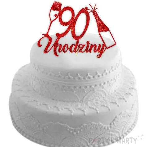 topper papierowy szampanskie 90 urodziny czerwony brokat 15 x 19 cm