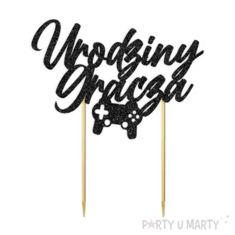 topper papierowy urodziny gracza czarny brokatowy 14 x 16 cm