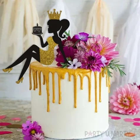 topper papierowy urodziny hot laska z torcikiem czarny zloty brokat 14 x 19 cm