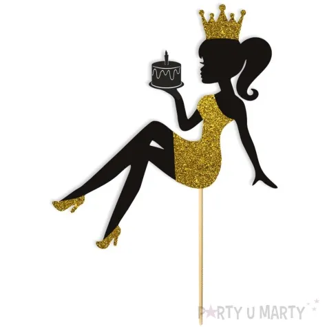 topper papierowy urodziny hot laska z torcikiem czarny zloty brokat 14 x 19 cm