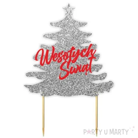 topper papierowy wesolych swiat choinka czerwony i srebrny brokat 14x19 5 cm