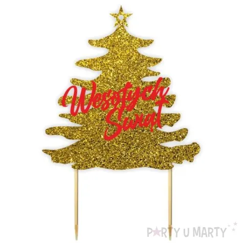 topper papierowy wesolych swiat choinka czerwony i zloty brokat 14x19 5 cm