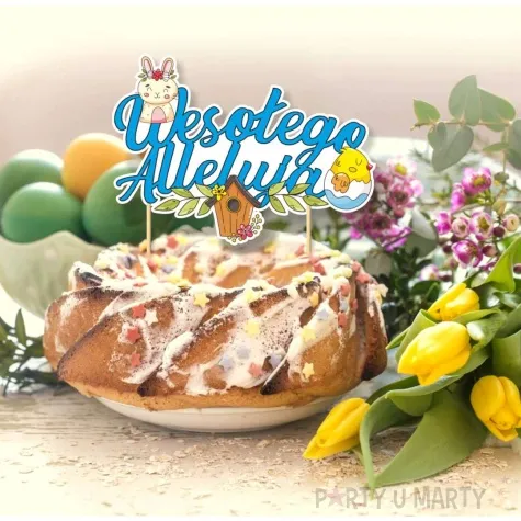 topper papierowy wielkanocna radosc wesolego alleluja niebieski 17x15 cm