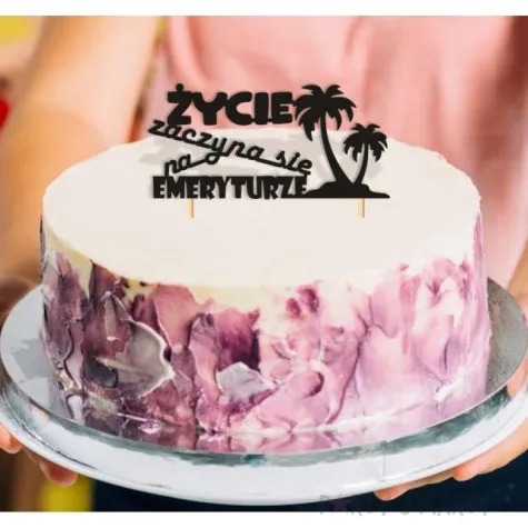 topper papierowy zycie zaczyna sie na emeryturze palmy czarny 15 x 14 cm