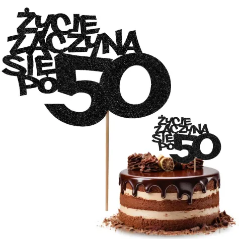 topper papierowy zycie zaczyna sie po 50 czarny brokat 13 x 17 cm