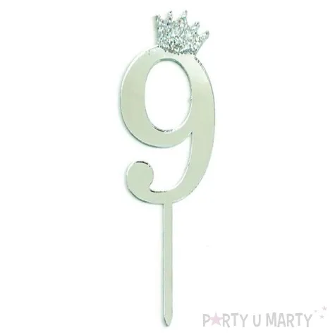 topper plastikowy cyfra 9 korona srebrna partypal