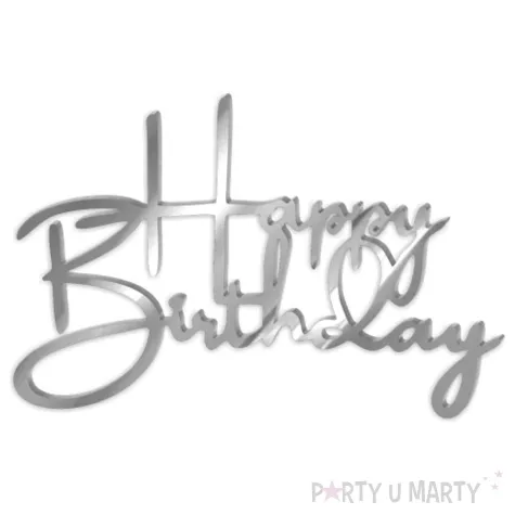 topper z pleksy bok tortu happy birthday srebrny lustrzany 12x8 cm