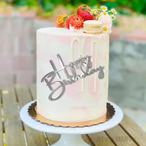topper z pleksy bok tortu happy birthday srebrny lustrzany 12x8 cm