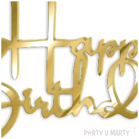 topper z pleksy bok tortu happy birthday zloty lustrzany 12x8 cm