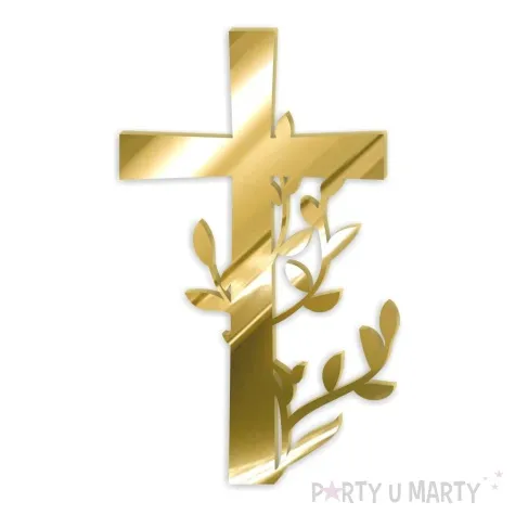 topper z pleksy bok tortu krzyz z listkami zloty lustrzany 7x11 cm