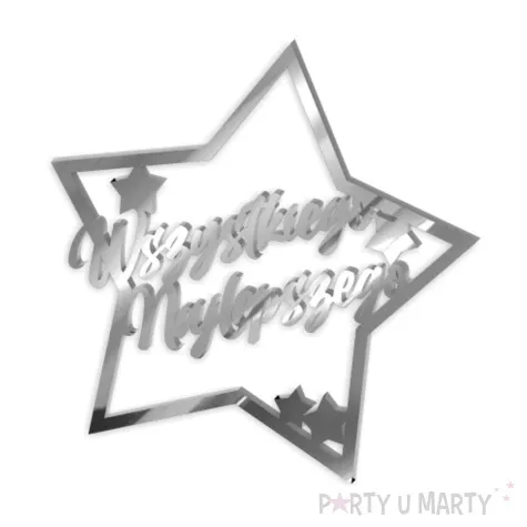 topper z pleksy bok tortu wszystkiego najlepszego srebrny lustrzany 10x11 cm