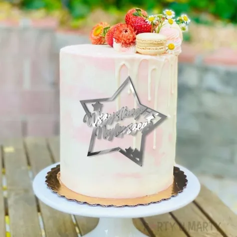 topper z pleksy bok tortu wszystkiego najlepszego srebrny lustrzany 10x11 cm