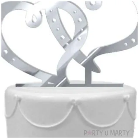 topper z pleksy dwa serca srebrny lustrzany 15 cm