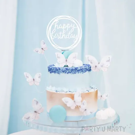 topper z pleksy happy birthday okragly srebrny lustrzany partypal 17 cm