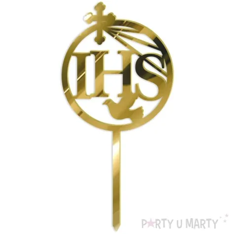 topper z pleksy komunia sw ihs z krzyzem zloty lustrzany 19 cm