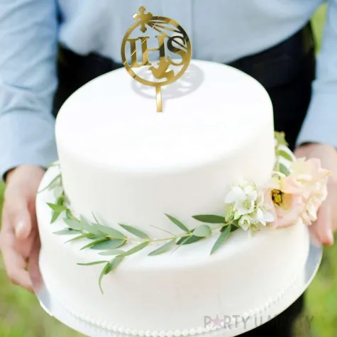 topper z pleksy komunia sw ihs z krzyzem zloty lustrzany 19 cm