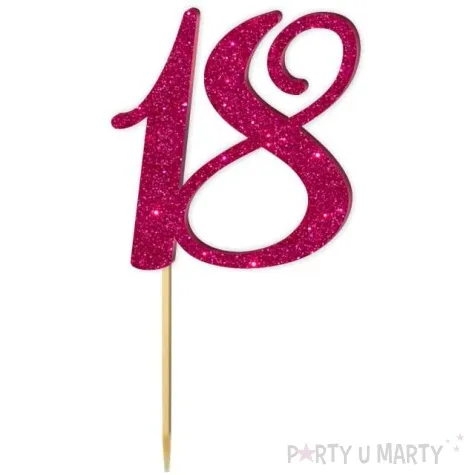 topper z pleksy liczba 18 rozowy brokat 18 cm