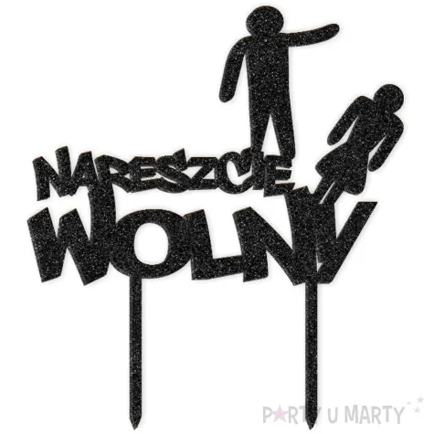 topper z pleksy nareszcie wolny czarny brokat 15 x 16 5 cm