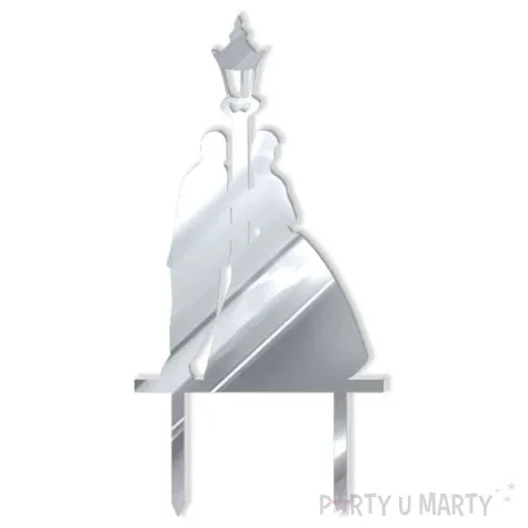 topper z pleksy para mloda i latarnia srebrny lustrzany 15 cm