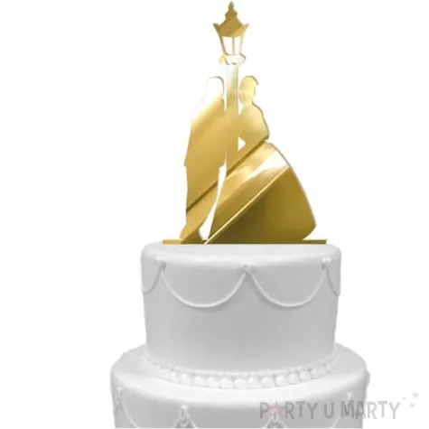 topper z pleksy para mloda i latarnia zloty lustrzany 15 cm