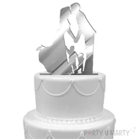 topper z pleksy para mloda z synami srebrny lustrzany 17 cm